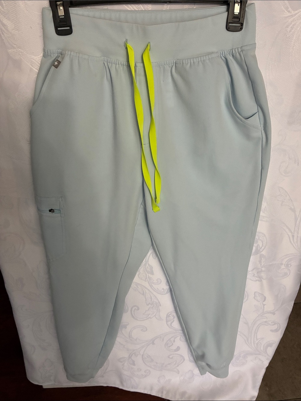 Figs Light Blue Jogger Pants with Neon Yellow Drawstring